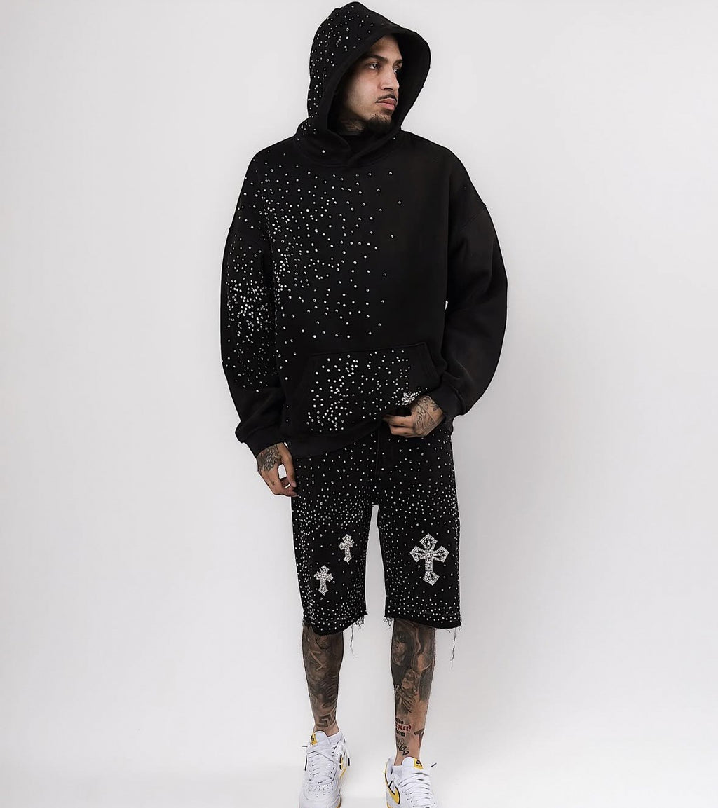 Full rhinestone hip-hop cross hot-fix denim shorts