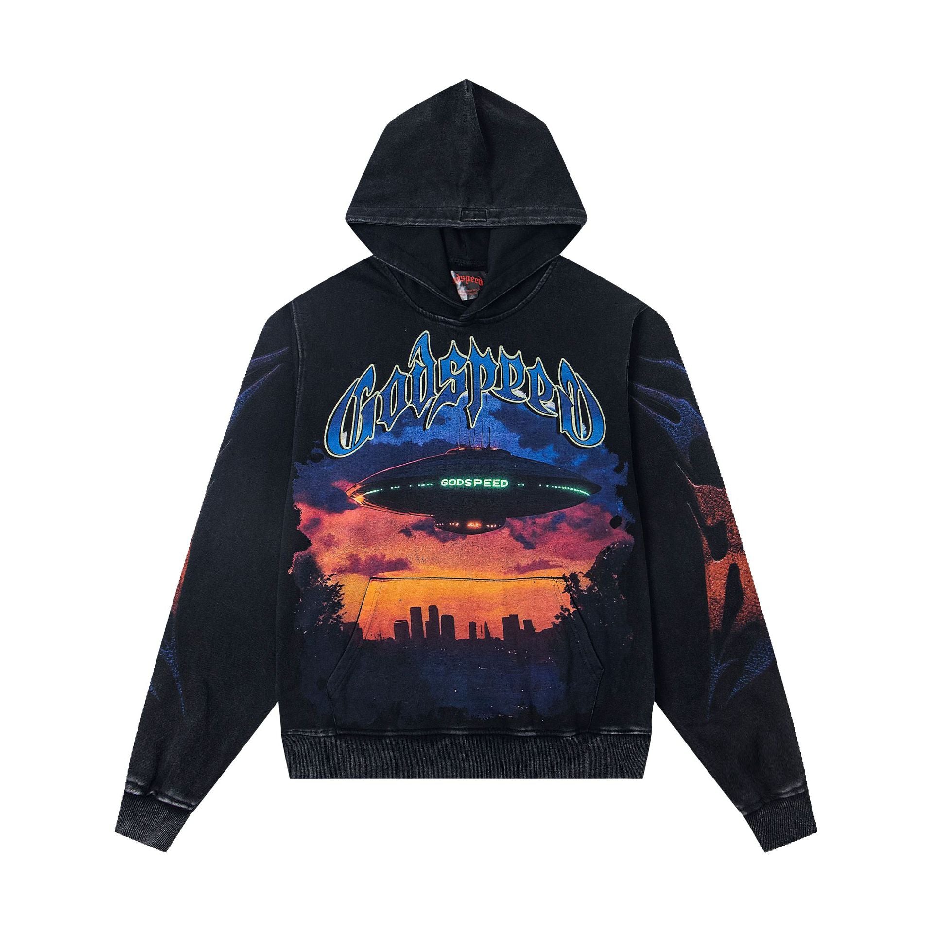 Vintage-Washed Pure Cotton Hip-Hop/Streetwear Hoodie with Print