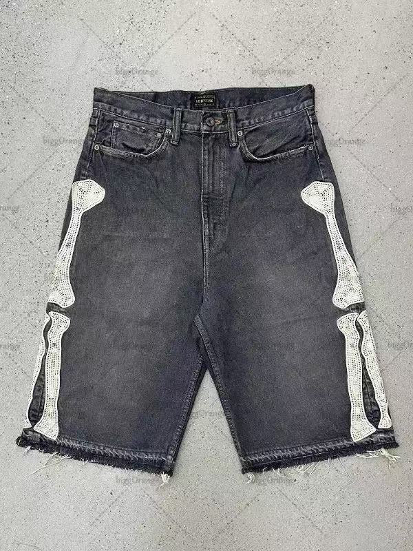 Y2K Embroidered Bone Casual Pants Loose Denim Shorts