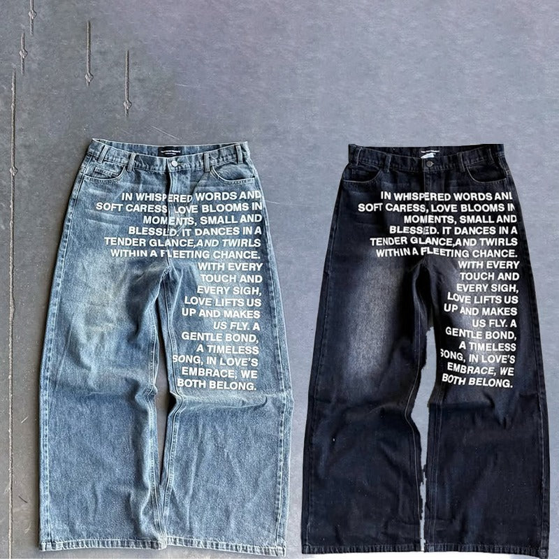 Y2K Men's Hip-Hop Jeans with American-Style Graphic Lettering