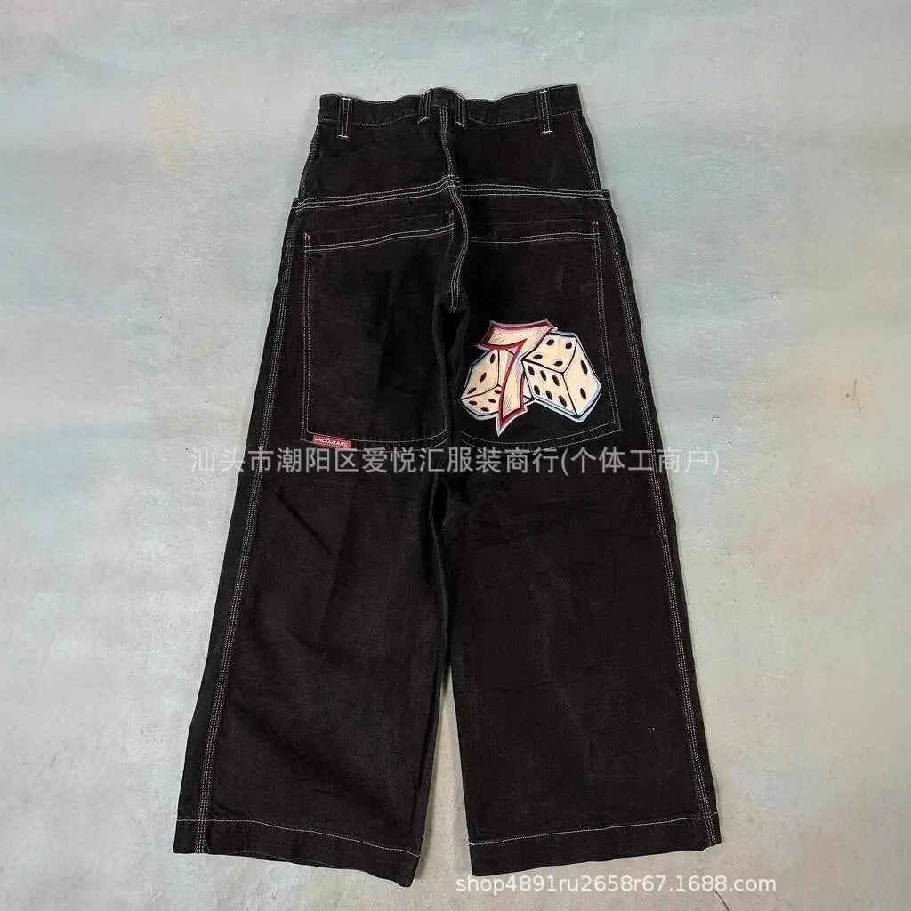 Vintage-Wash Denim Jeans with Y2K Hip-Hop Embroidery