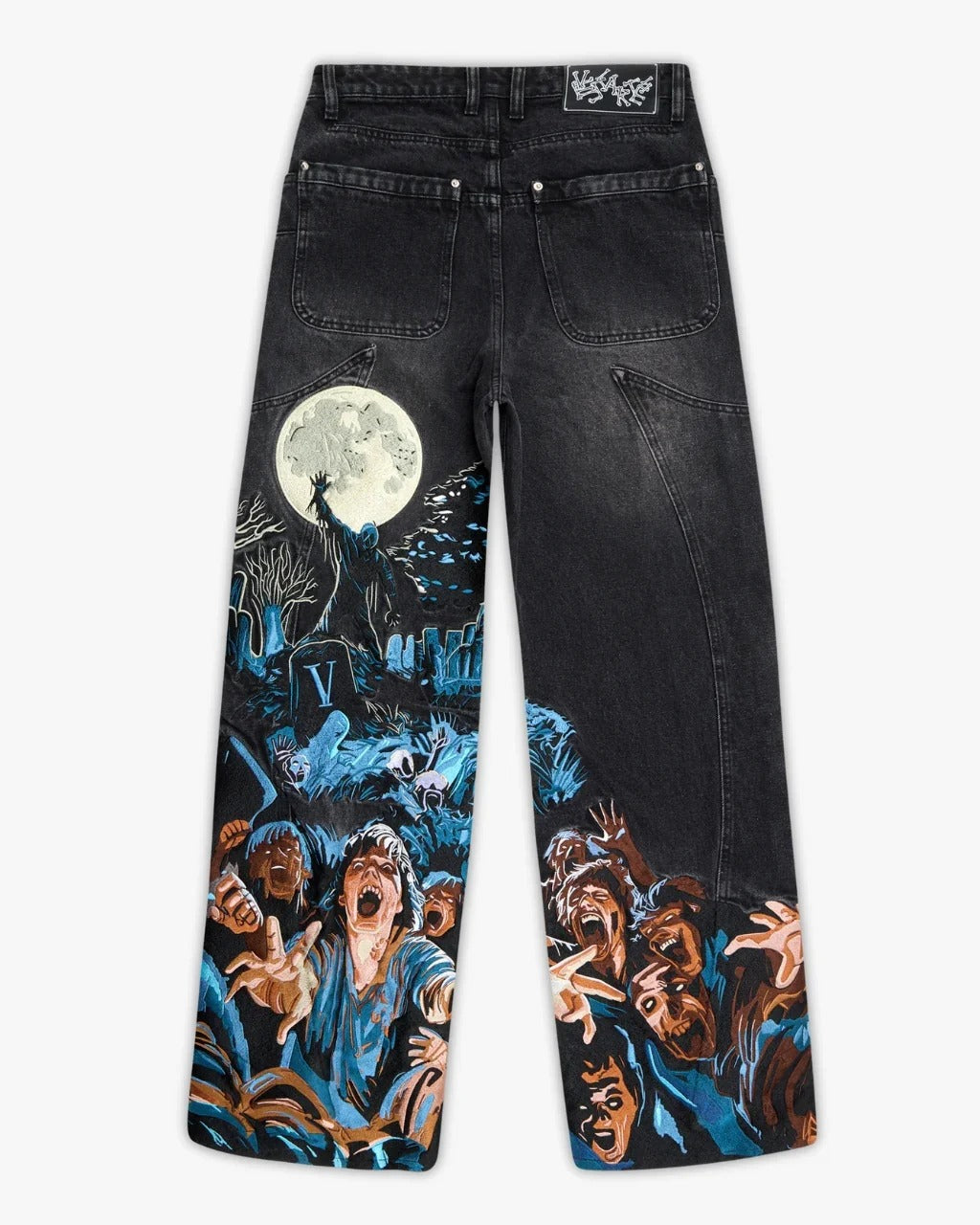 Vintage-Style Wide-Leg Jeans with Intricate Embroidery