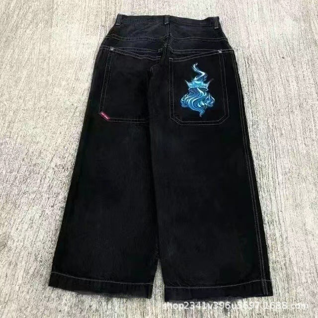 Vintage-Wash Denim Jeans with Y2K Hip-Hop Embroidery