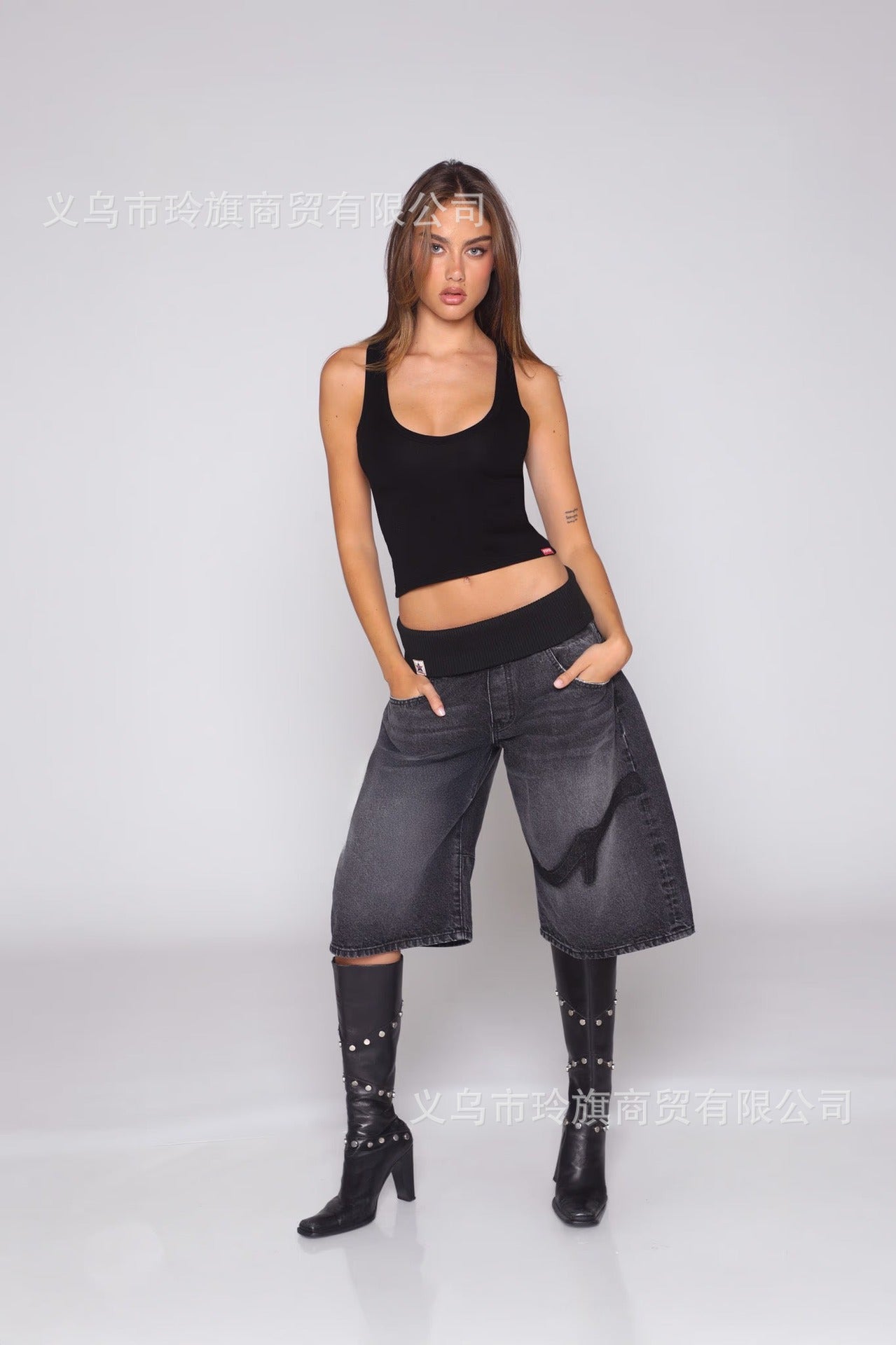 Y2K Patchwork Loose-Fit Low-Rise Jeans with Fold-Over Waistband