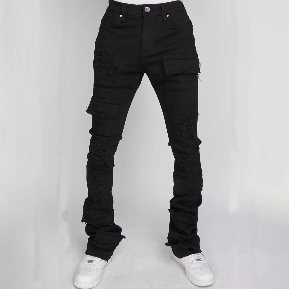 Stretch Ripped Denim Layered Flare Cargo Jeans