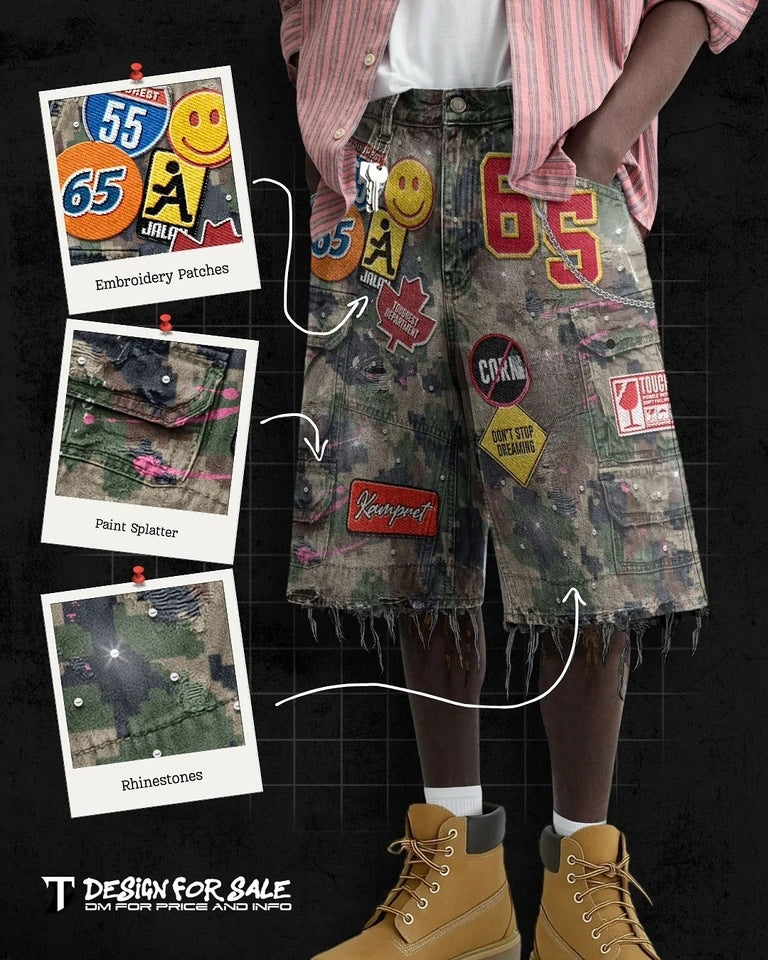 Y2K hip-hop cartoon embroidered loose-fitting shorts