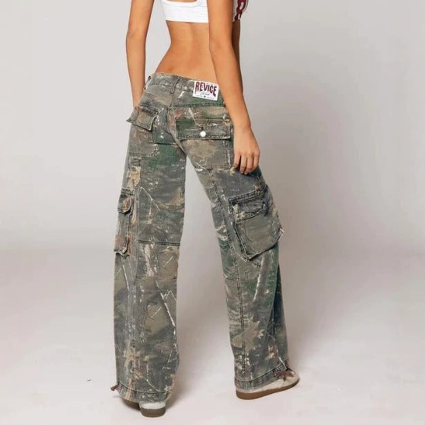 Y2K Patchwork Loose-Fit Low-Rise Jeans with Fold-Over Waistband