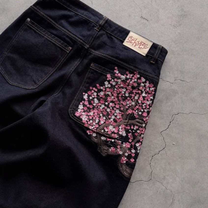 Retro Straight-leg Jeans with Plum Blossom Embroidery