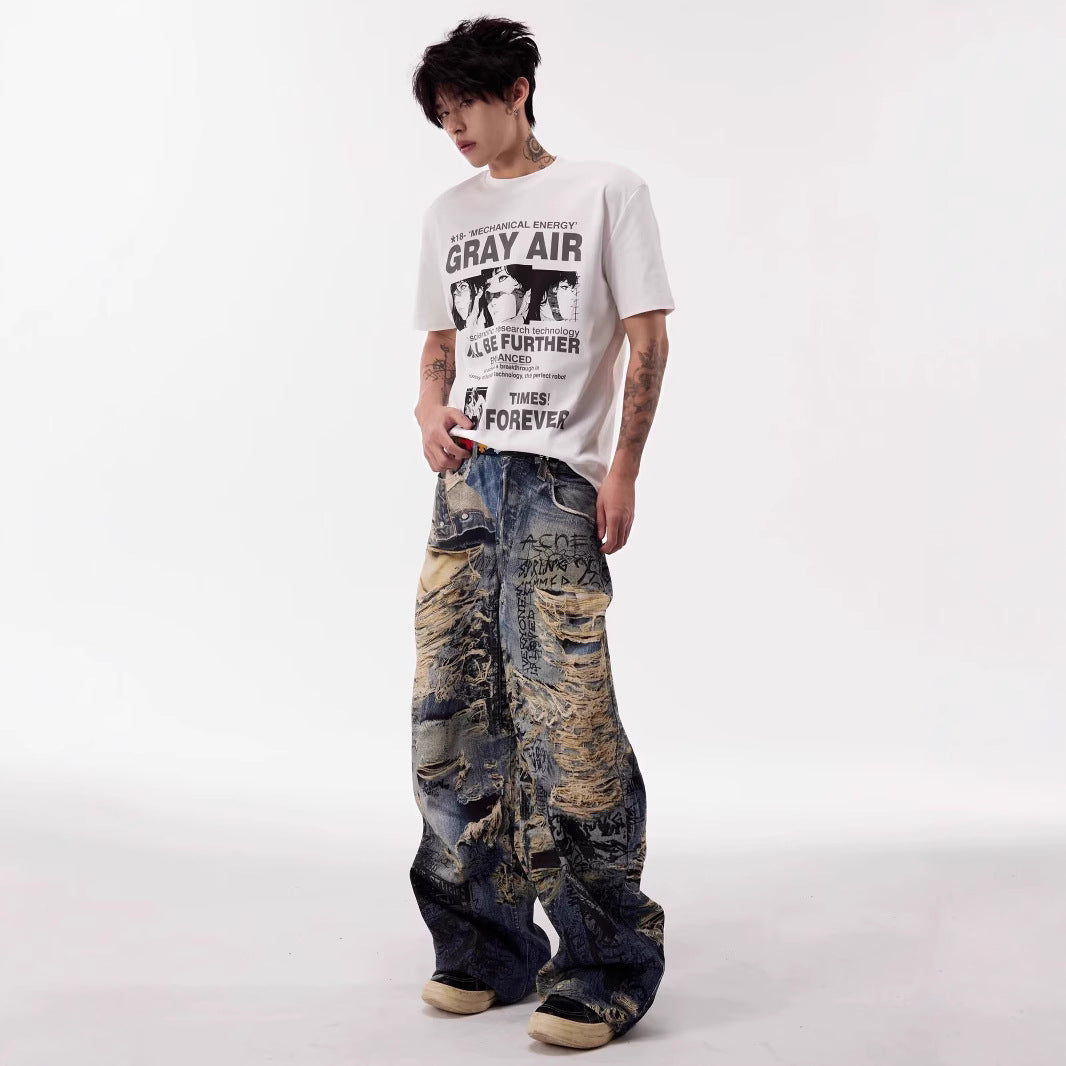 Y2K Graffiti-destructive 3D digital distressed jeans for men
