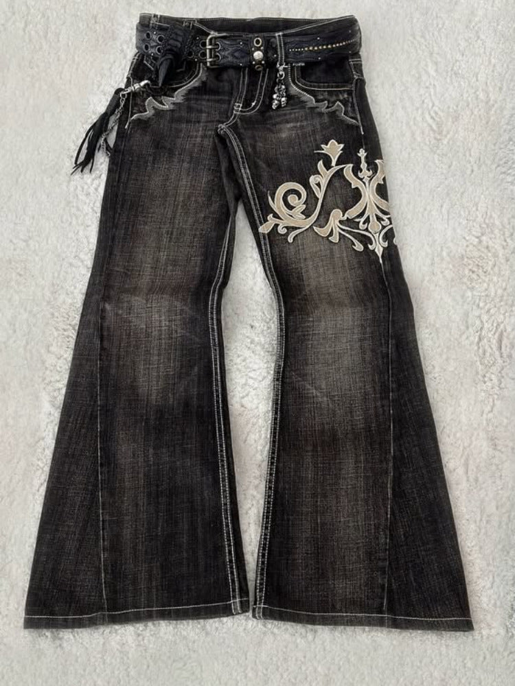 Y2K Dark-Style Patchwork Embroidered Flare Jeans