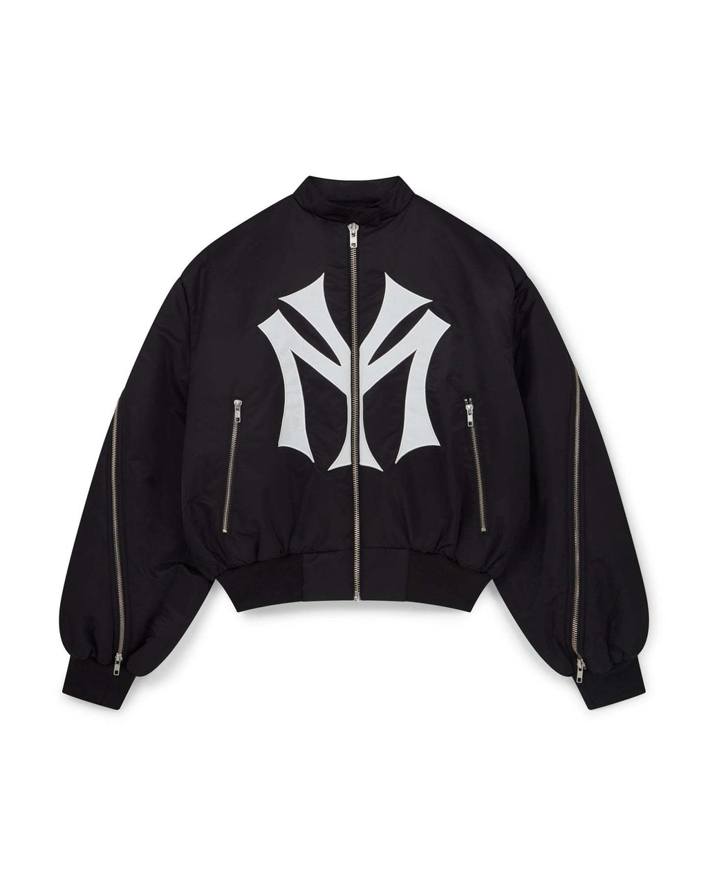 oose-fit sweatshirt with multi-zipper design and letter embroidery.