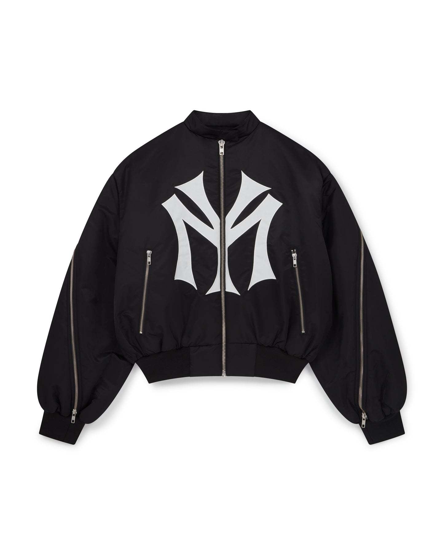 oose-fit sweatshirt with multi-zipper design and letter embroidery.