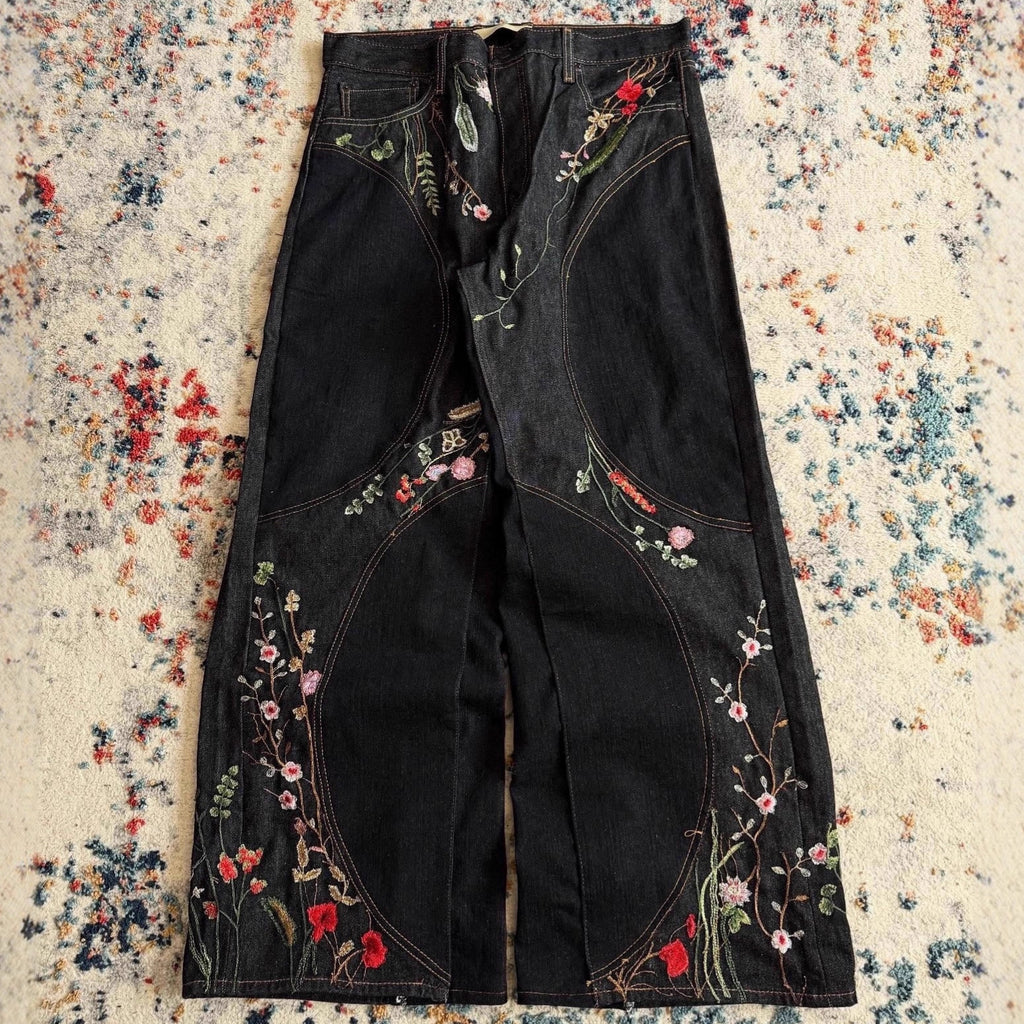 Y2K loose-fit wide-leg patchwork trousers with floral embroidery