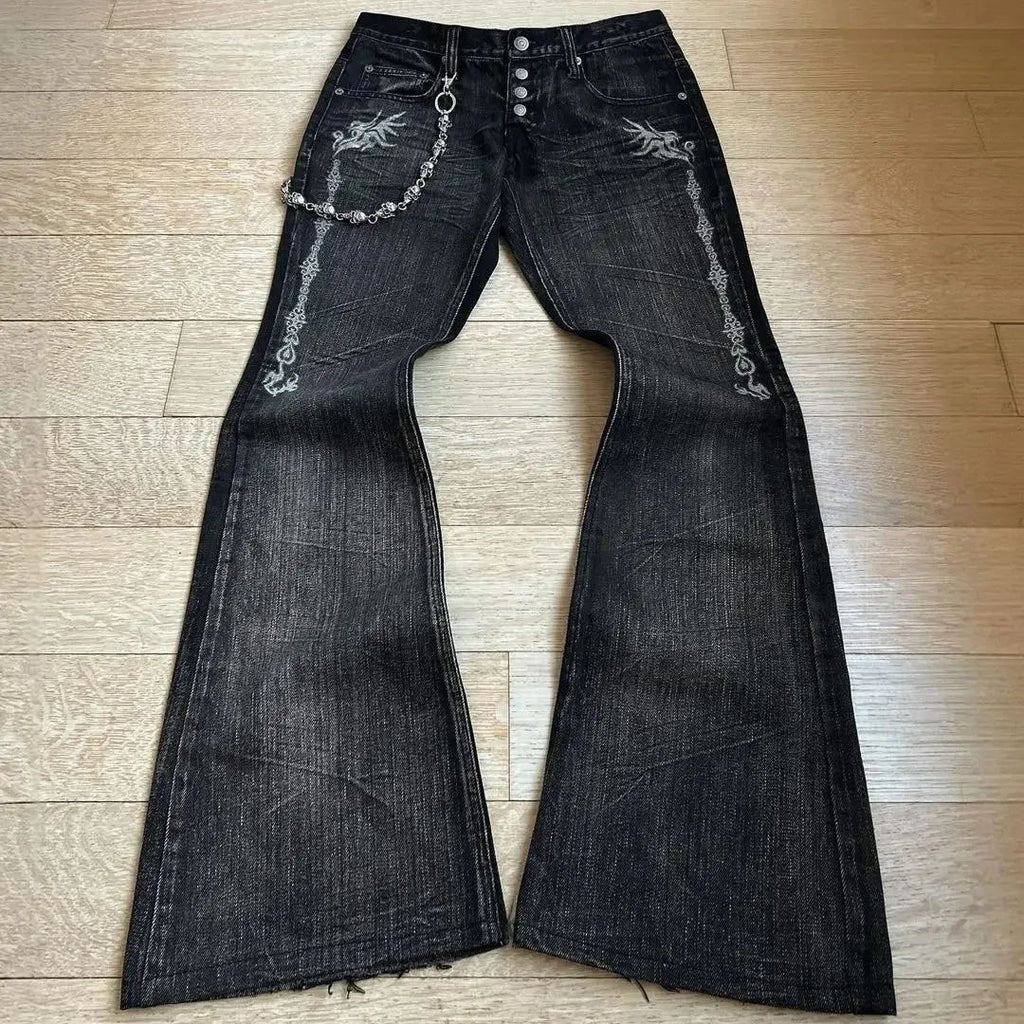 Y2K punk flared jeans, heavy embroidered jeans