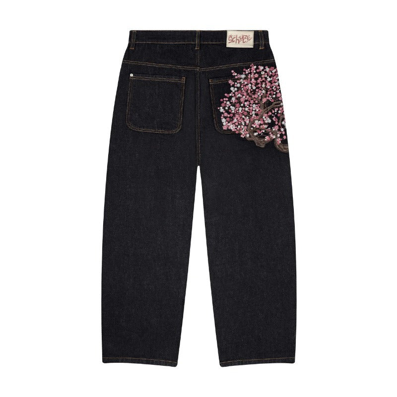 Retro Straight-leg Jeans with Plum Blossom Embroidery