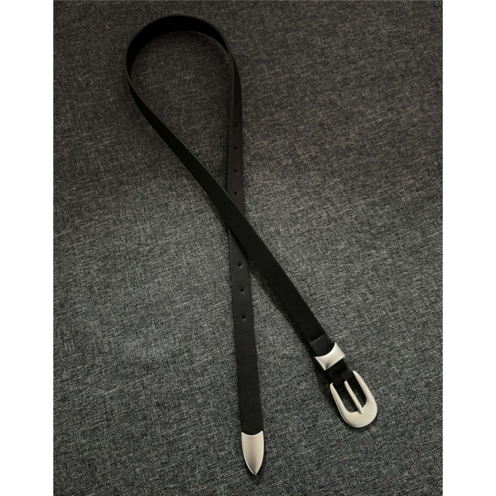 Black Western Belt Silver Buckle Slim Waist Belt Women