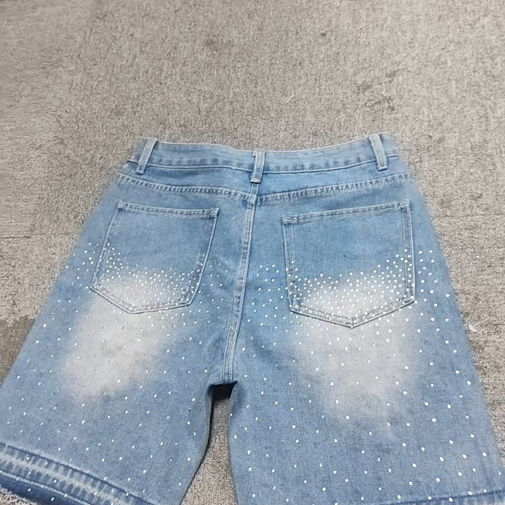 Full rhinestone hip-hop cross hot-fix denim shorts