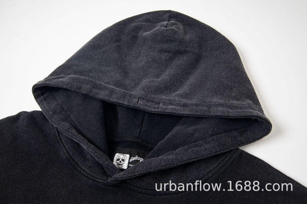 Vintage-Washed Pure Cotton Hip-Hop/Streetwear Hoodie with Print