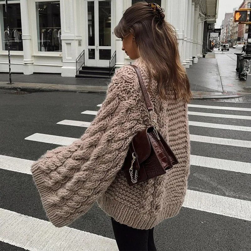 Loose Cable-Knit Sweater with Oversized Flared Sleeves