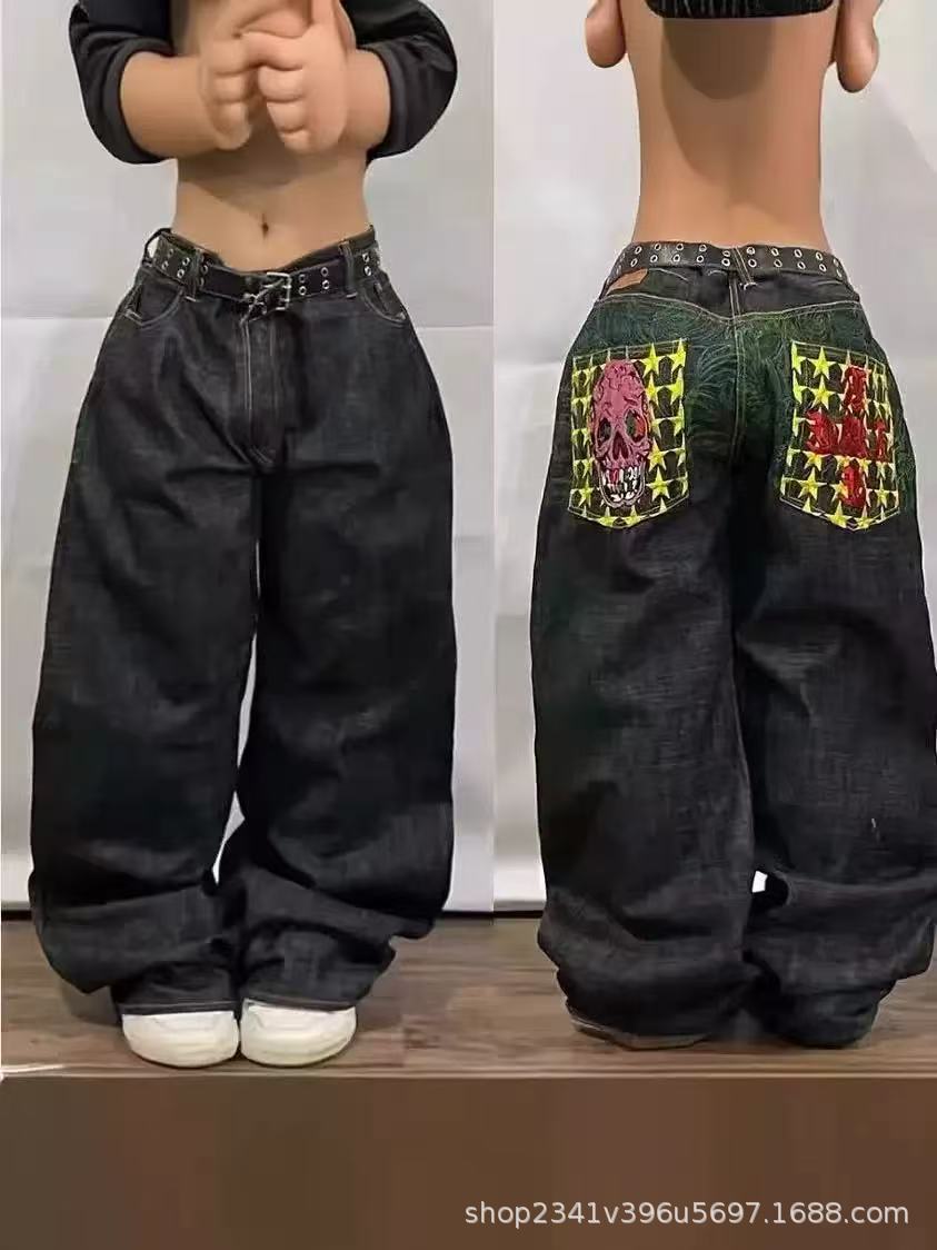 Vintage-Wash Denim Jeans with Y2K Hip-Hop Embroidery