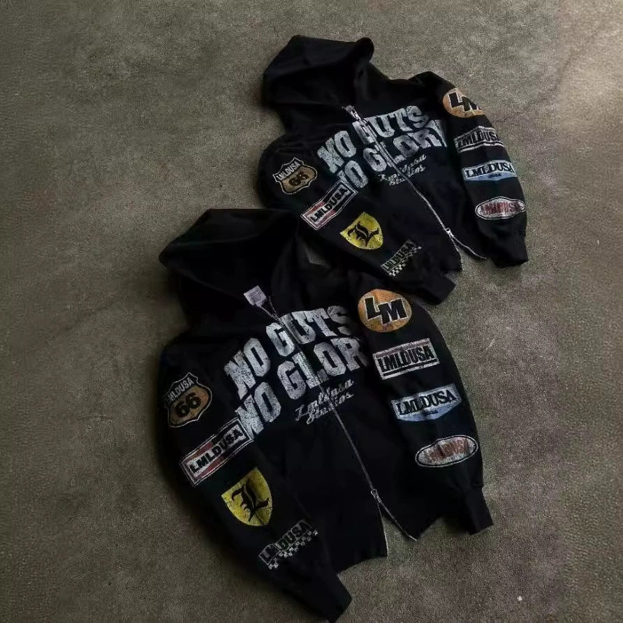 Y2K hip-hop Gothic print motorcycle-style zip-up hoodie.