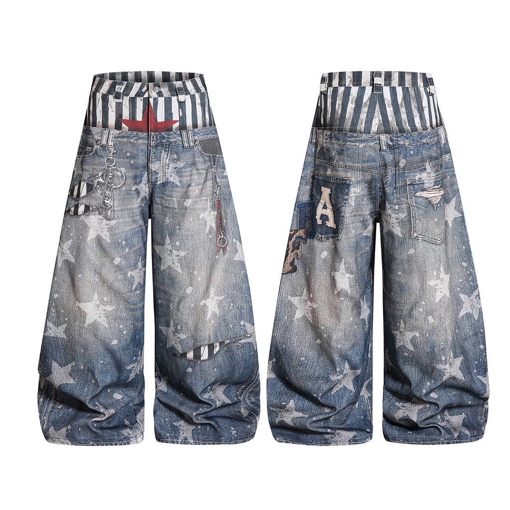 YAVIORA Star Print Fake Two-Piece Jeans