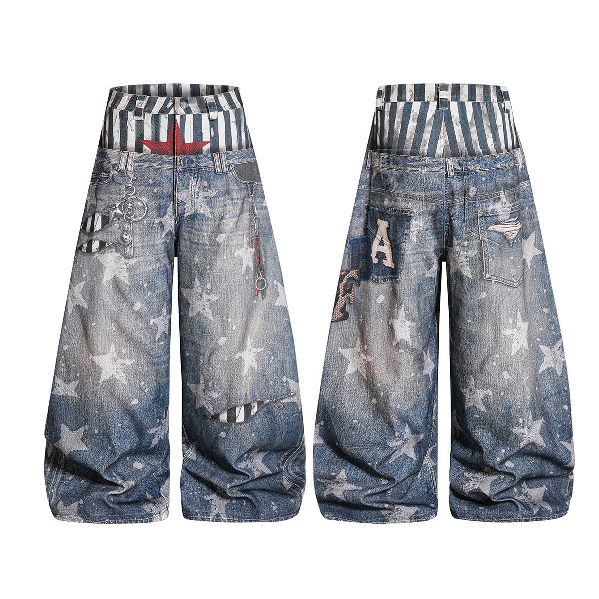 YAVIORA Star Print Fake Two-Piece Jeans