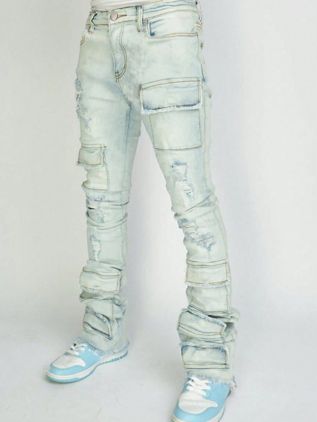 Stretch Ripped Denim Layered Flare Cargo Jeans