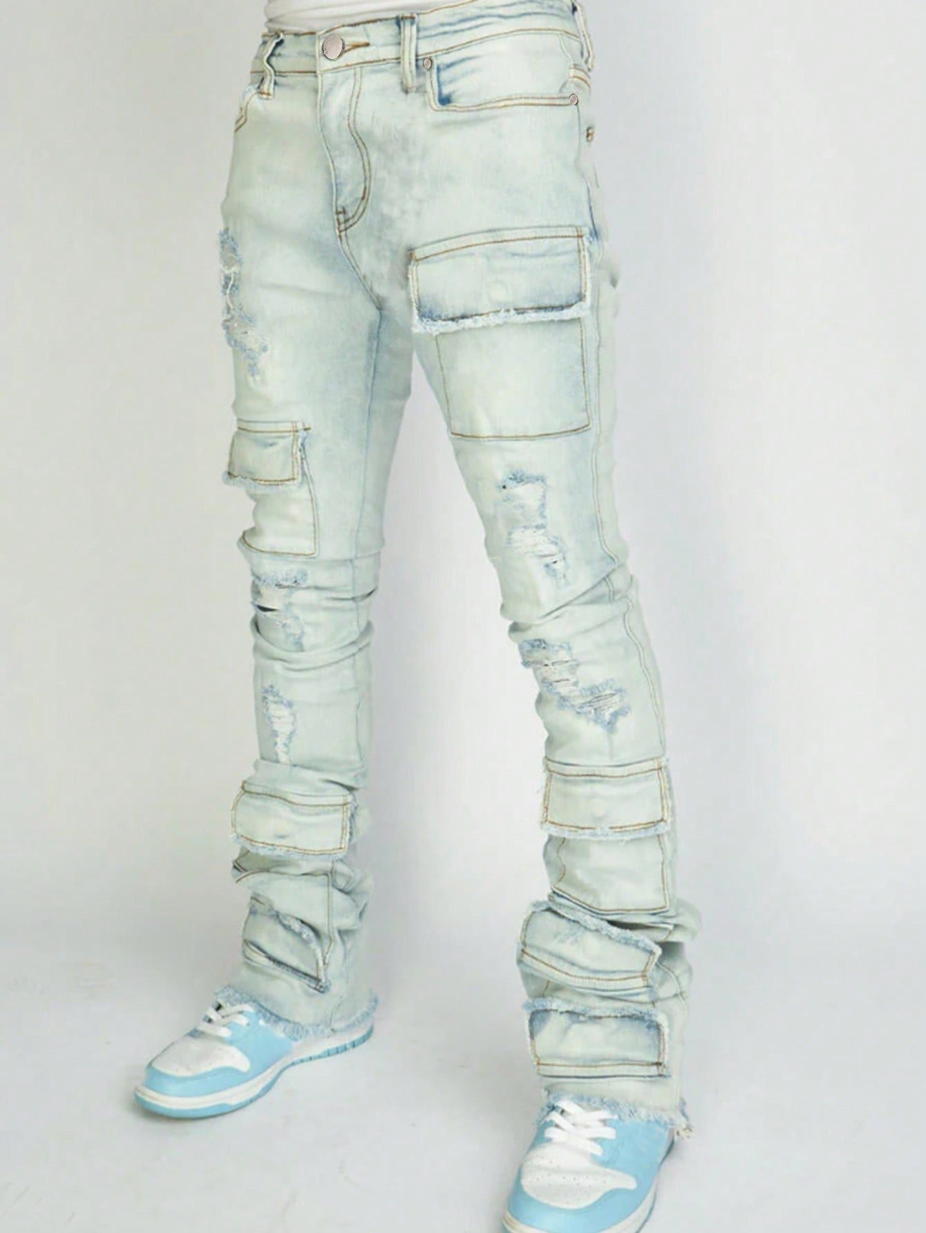 Stretch Ripped Denim Layered Flare Cargo Jeans