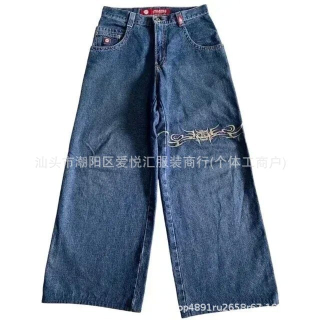 Vintage-Wash Denim Jeans with Y2K Hip-Hop Embroidery