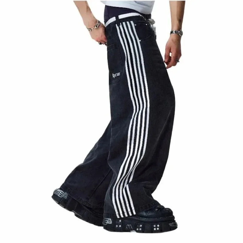 Y2K American retro style street style striped wide-leg loose jeans.