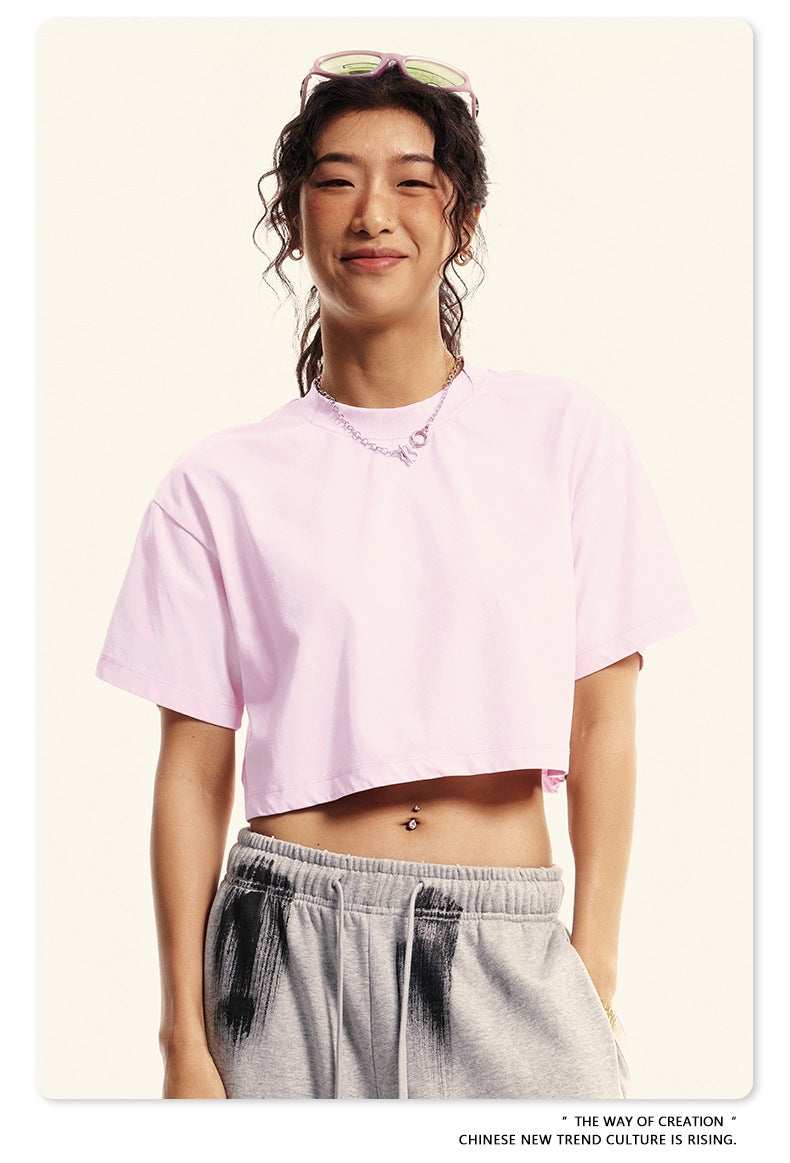 Yaviora Round Neck Crop Top Sexy Loose Short-Sleeve T-Shirt