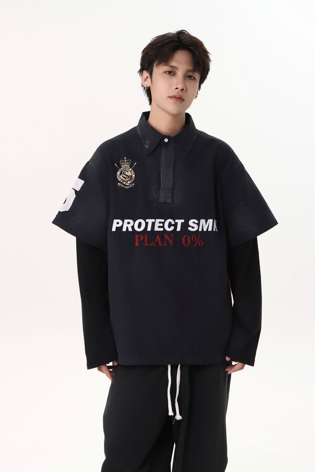 YAVIORA faux two-piece embroidered polo shirt