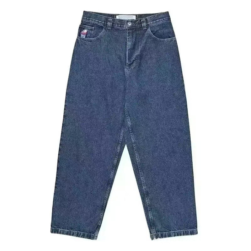 Vintage-Wash Denim Jeans with Y2K Hip-Hop Embroidery