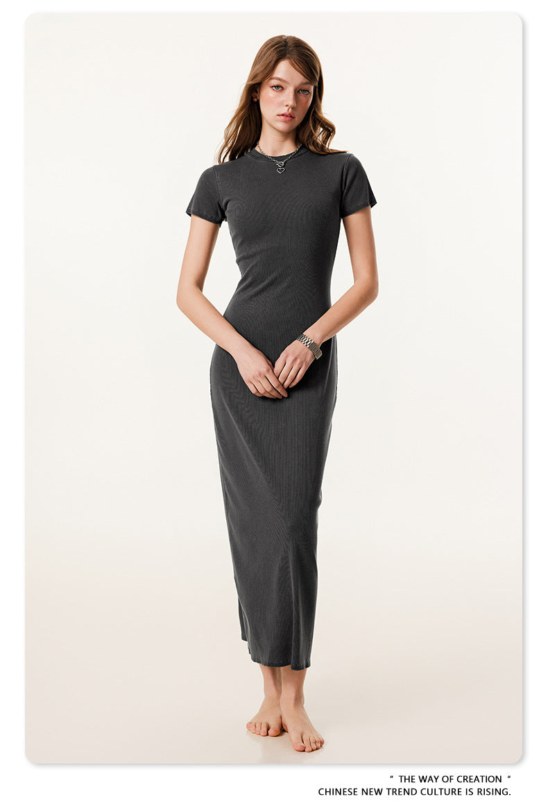 Yaviora Short-Sleeve Long Dress Slim Fit Bodycon Slit Skirt