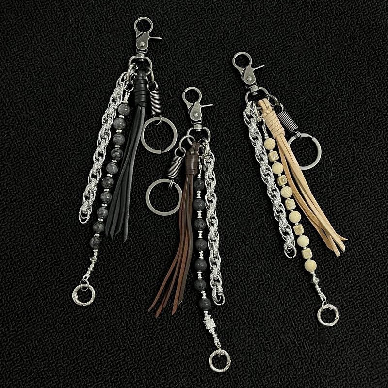 Biker Wallet Chain Lava Bead Leather Tassel Keychain