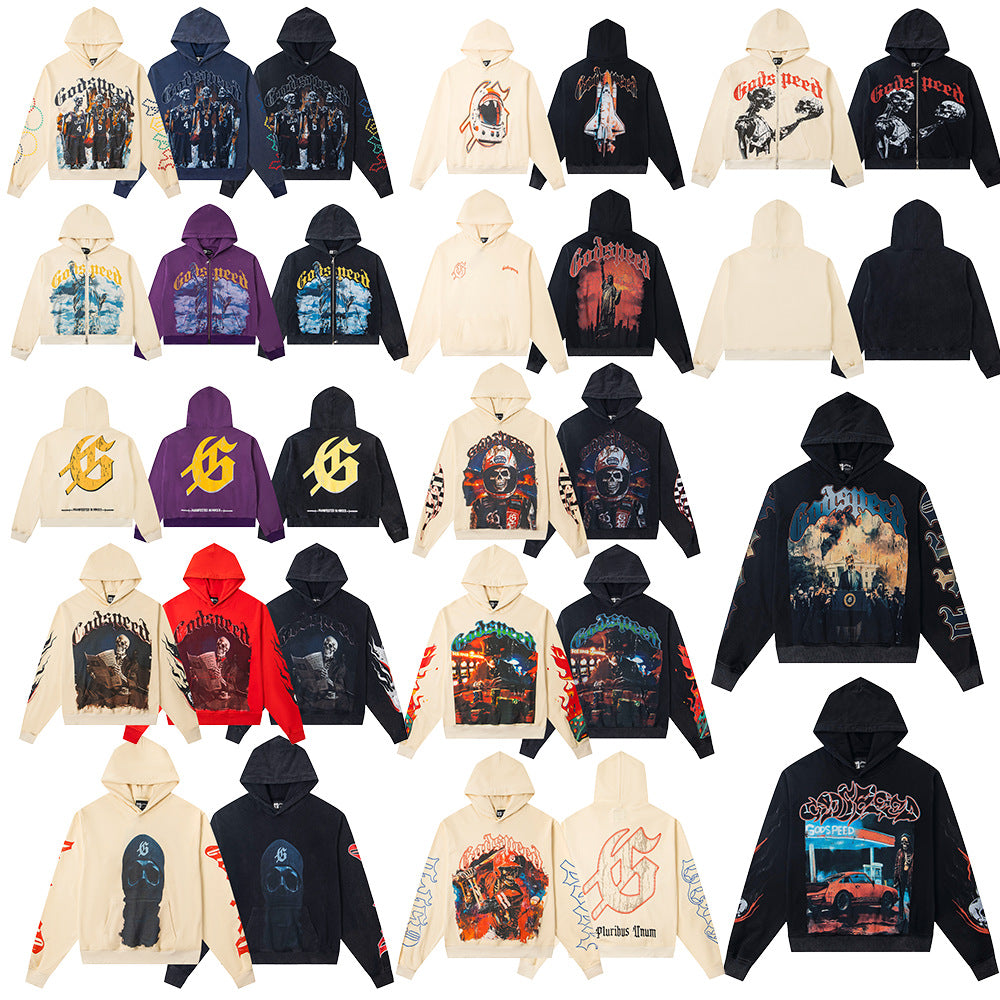 Vintage-Washed Pure Cotton Hip-Hop/Streetwear Hoodie with Print