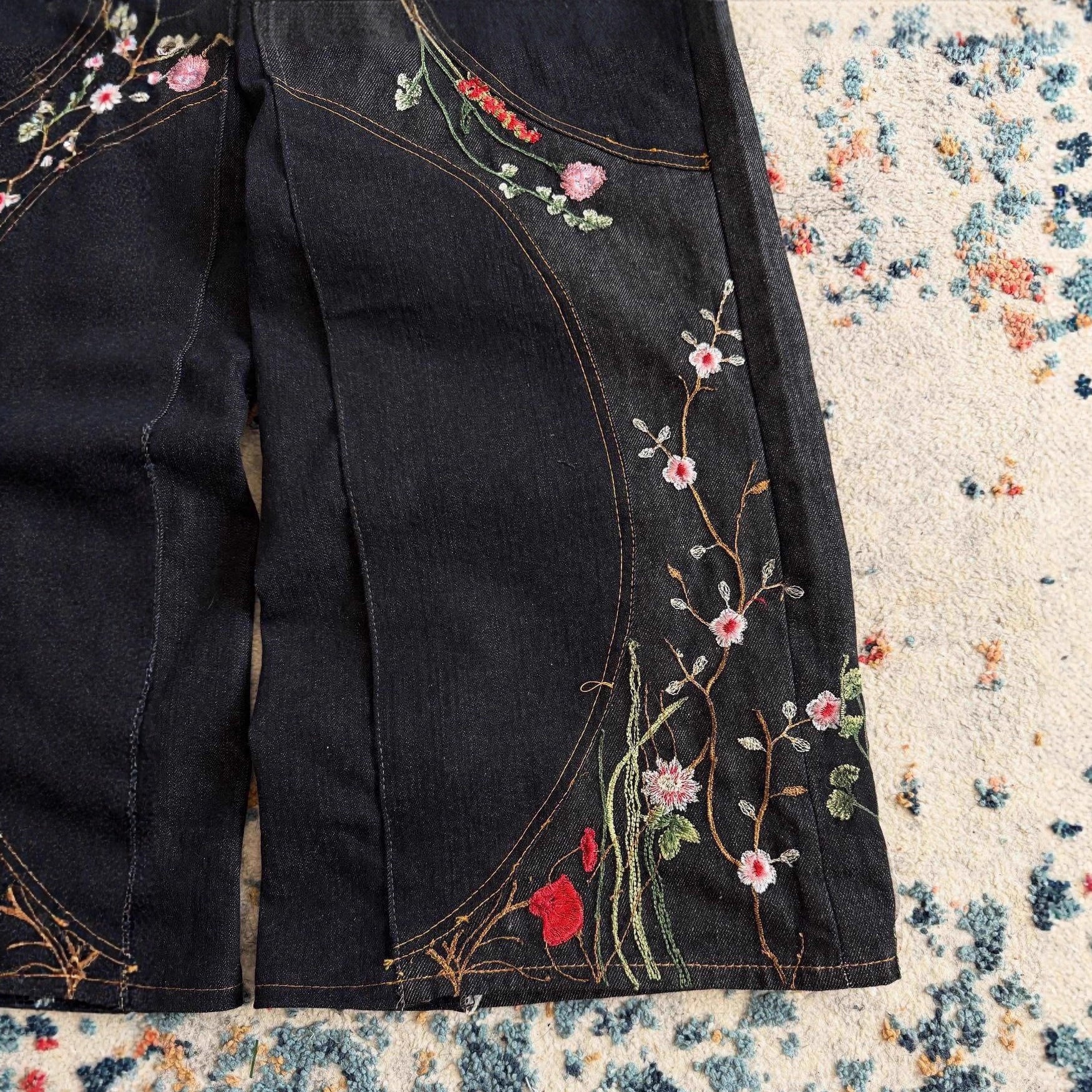Y2K loose-fit wide-leg patchwork trousers with floral embroidery