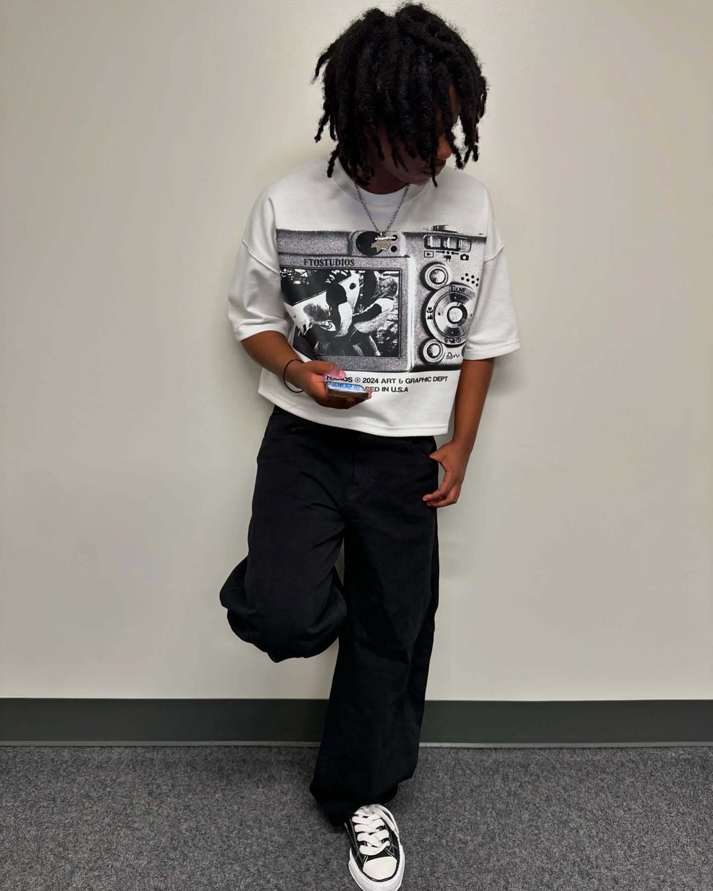 Street-style graffiti and vinyl record print T-shirt
