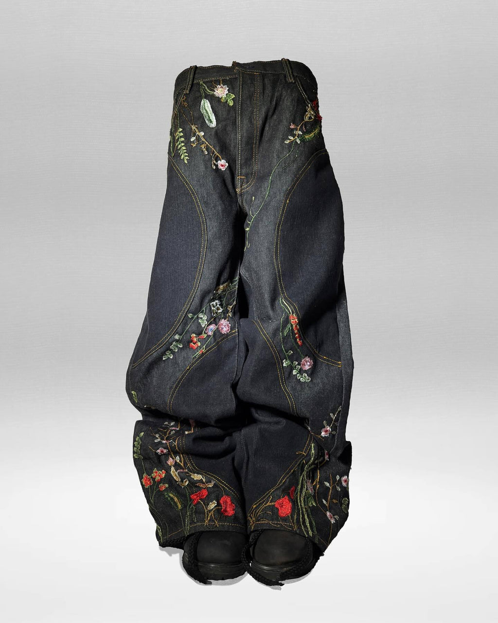 Y2K loose-fit wide-leg patchwork trousers with floral embroidery
