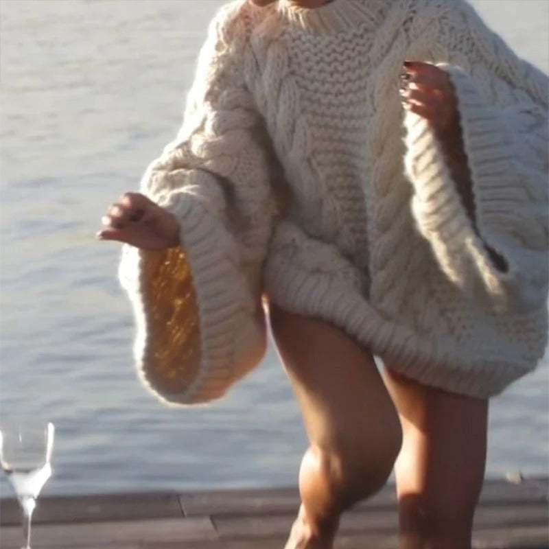 Loose Cable-Knit Sweater with Oversized Flared Sleeves