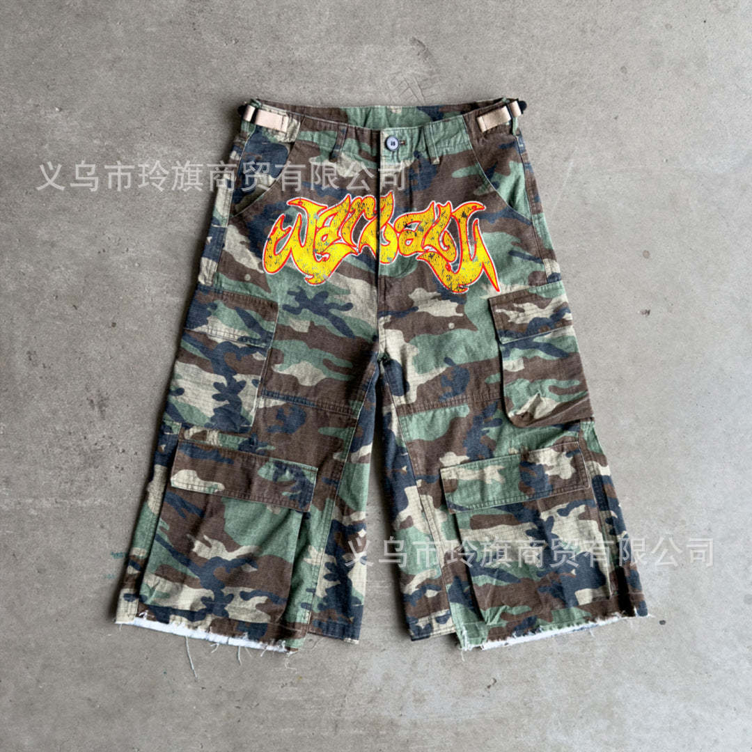 Camouflage Distressed Denim Cargo Shorts
