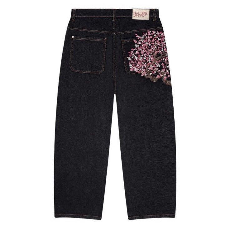 Retro Straight-leg Jeans with Plum Blossom Embroidery
