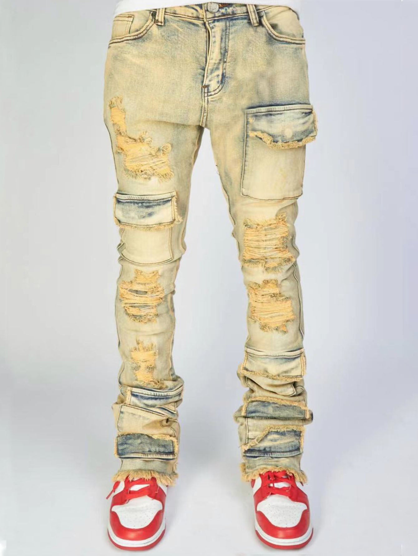Stretch Ripped Denim Layered Flare Cargo Jeans