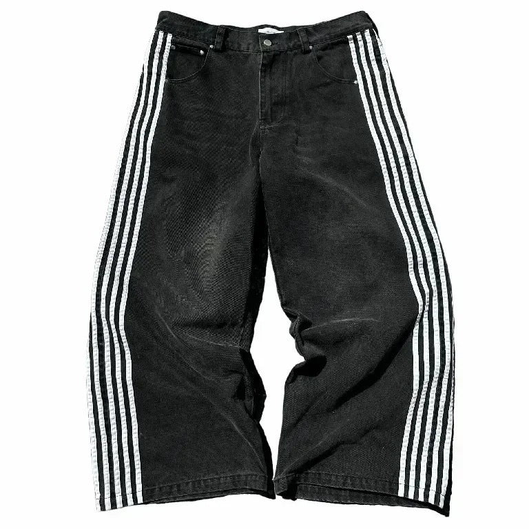 Y2K American retro style street style striped wide-leg loose jeans.