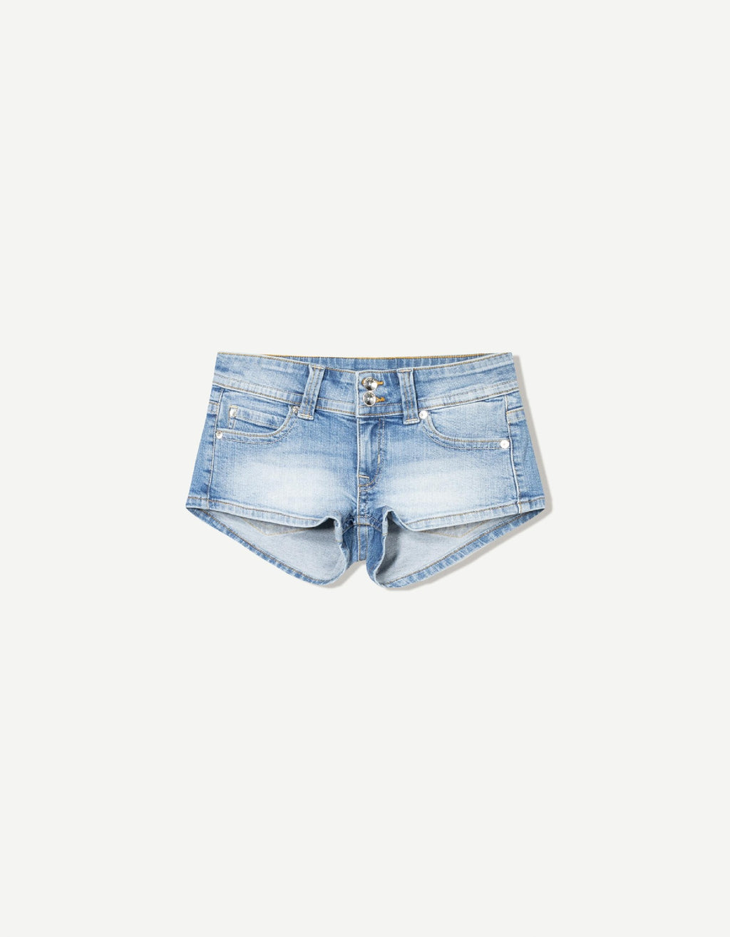 Edgy low-rise double-button denim shorts—hip-hugging hot pants.