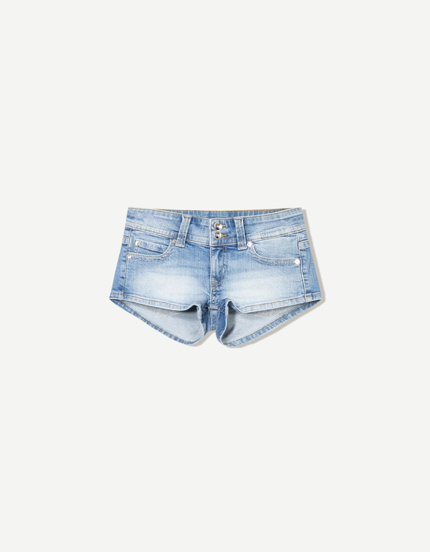 Edgy low-rise double-button denim shorts—hip-hugging hot pants.