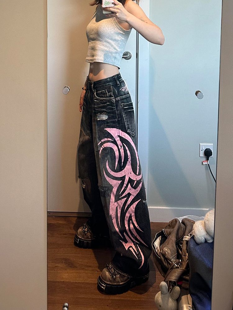 Y2K Hip-Hop Style Washed, Distressed, and Printed Jeans