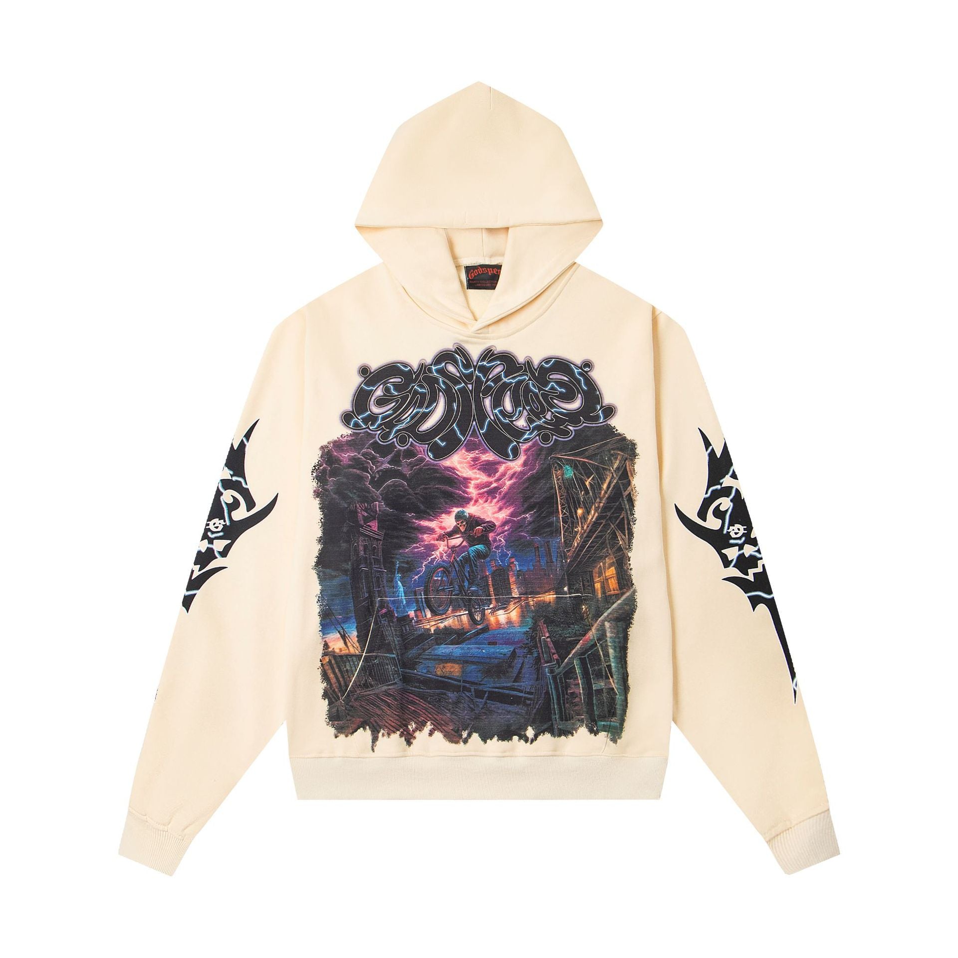 Vintage-Washed Pure Cotton Hip-Hop/Streetwear Hoodie with Print