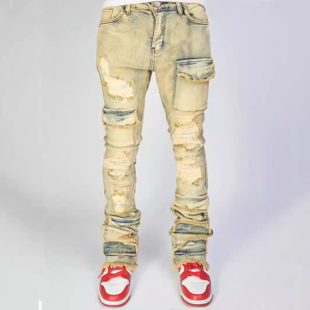 Stretch Ripped Denim Layered Flare Cargo Jeans